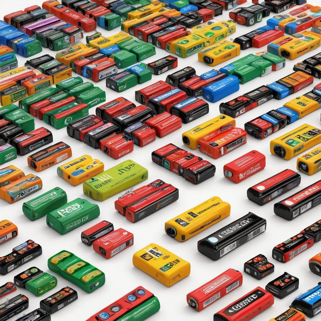 A vibrant marketplace scene showcasing a variety of batteries, accessories, and bulk deal signs, with shoppers enthusiastically exploring the deals. Include colorful price tags, energy-efficient symbols, and friendly vendors offering advice. Capture a sunny atmosphere with dynamic interactions among people. super-realistic. vibrant colors. white background.