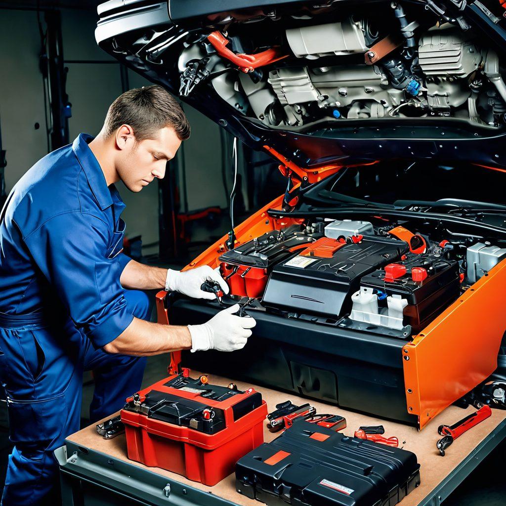 A detailed scene of a mechanic skillfully replacing a battery in a modern car, surrounded by various battery types and tools, with step-by-step guide illustrations in the background. The setting should include bright workshop lights highlighting the importance of maintenance. convey a sense of precision and expertise. vibrant colors. super-realistic.