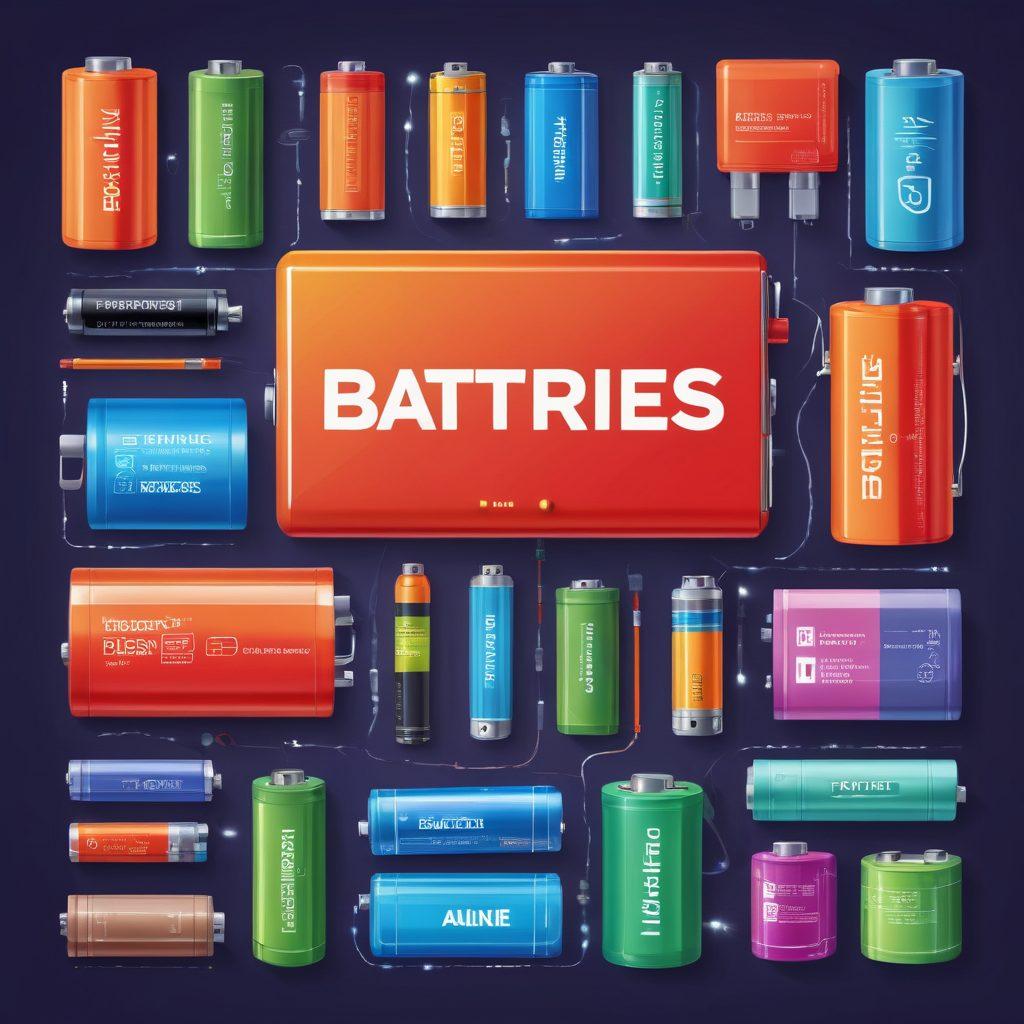 A vibrant illustration showcasing various types of batteries including alkaline and rechargeable, displayed in a whimsical yet informative layout. Surround them with icons of devices that use these batteries, like remote controls, toys, and cameras, to emphasize their practical applications. The background should be bright and energetic, reflecting the power and versatility of batteries. Include a title banner that reads 'The Ultimate Guide to Choosing the Right Battery'. vector art. vibrant colors.